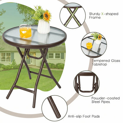 18" Round Folding Patio Side Table with Tempered Glass Top