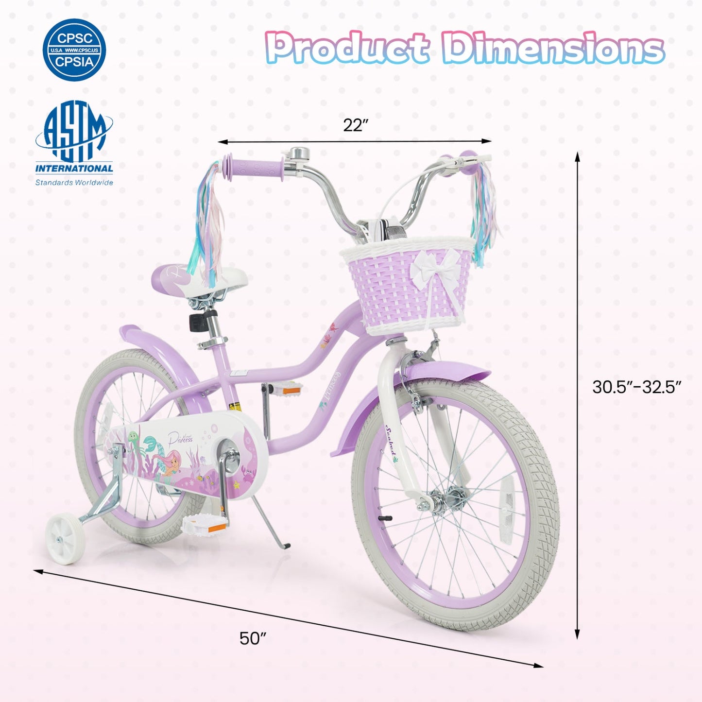 18-Inch Kids Bike Adjustable with Basket and Streamers Purple - Princess of the Sea Theme