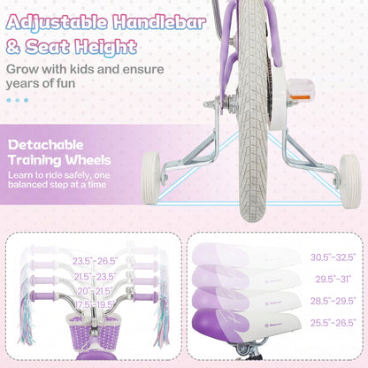 18-Inch Kids Bike Adjustable with Basket and Streamers Purple - Princess of the Sea Theme