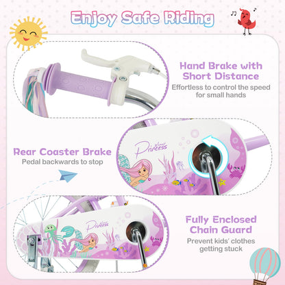 18-Inch Kids Bike Adjustable with Basket and Streamers Purple - Princess of the Sea Theme