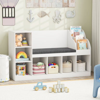 Kids Bookcase with Reading Nook 3-in-1 Standing Toy Organizer-White