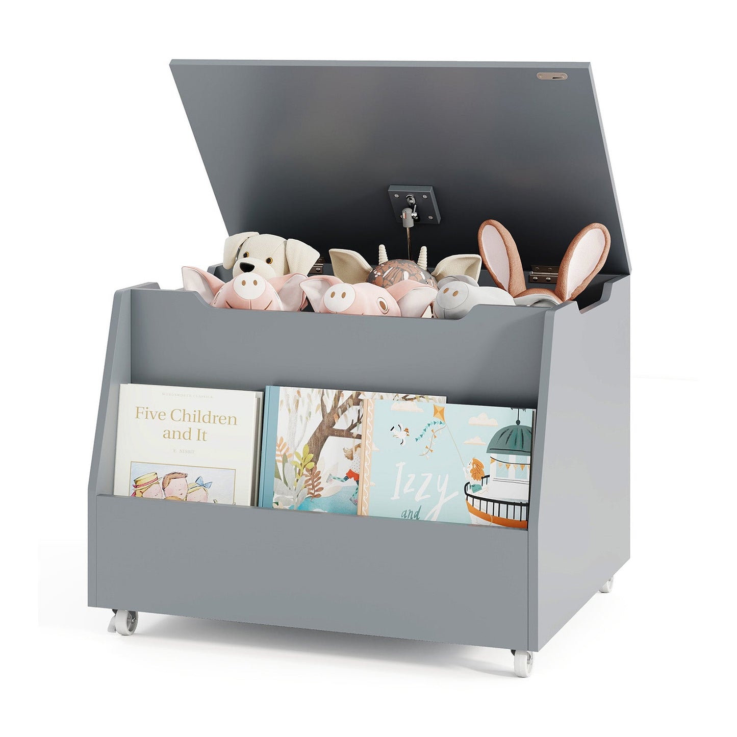 Wooden Mobile Toy Storage Organizer with Bookshelf and Lockable Wheels