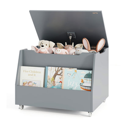 Wooden Mobile Toy Storage Organizer with Bookshelf and Lockable Wheels