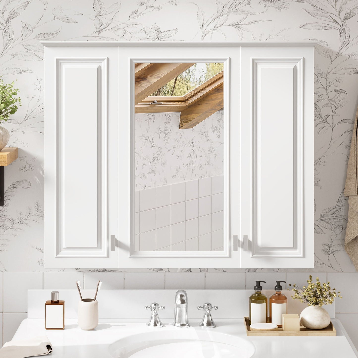 Wall Mounted Mirror Cabinet With 5 Adjustable Shelves, Rectangular Storage For Bathroom - White