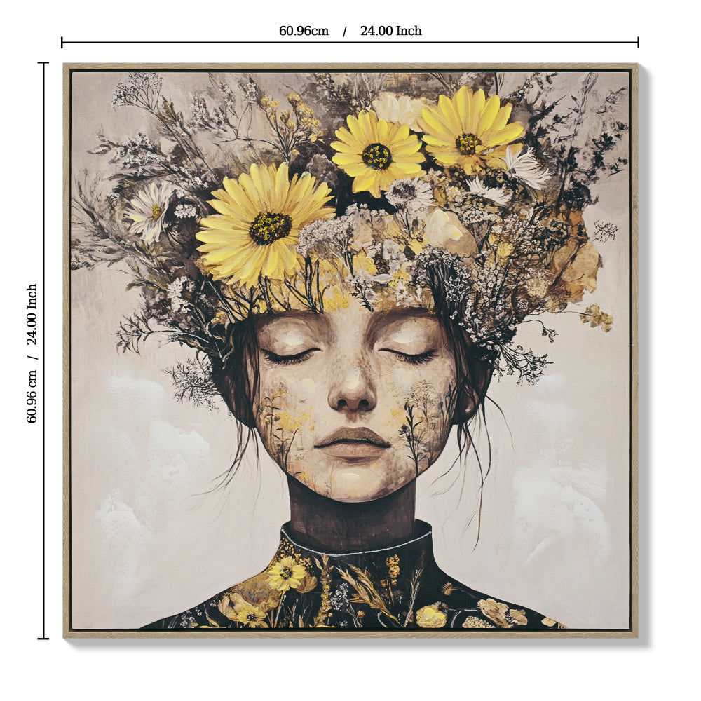 Floral Beauty Lady Canvas Wall Art | Gold & White Framed Print for Bedroom & Living Room — 24×24 Inch
