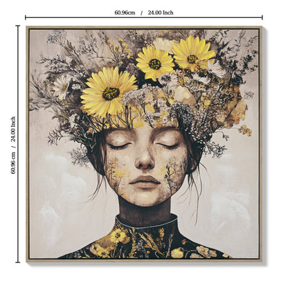 Floral Beauty Lady Canvas Wall Art | Gold & White Framed Print for Bedroom & Living Room — 24×24 Inch