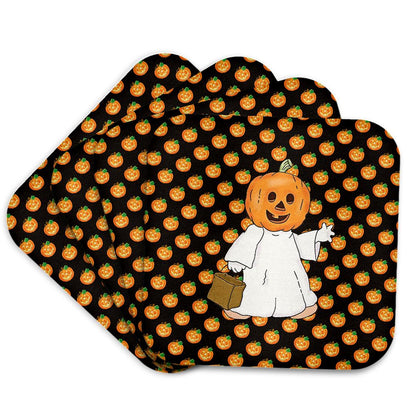 3dRose Beverly Turner Halloween Design - Pumpkin Head and White Sheet, Trick or Treat Bag, Pumpkin Design - Coasters