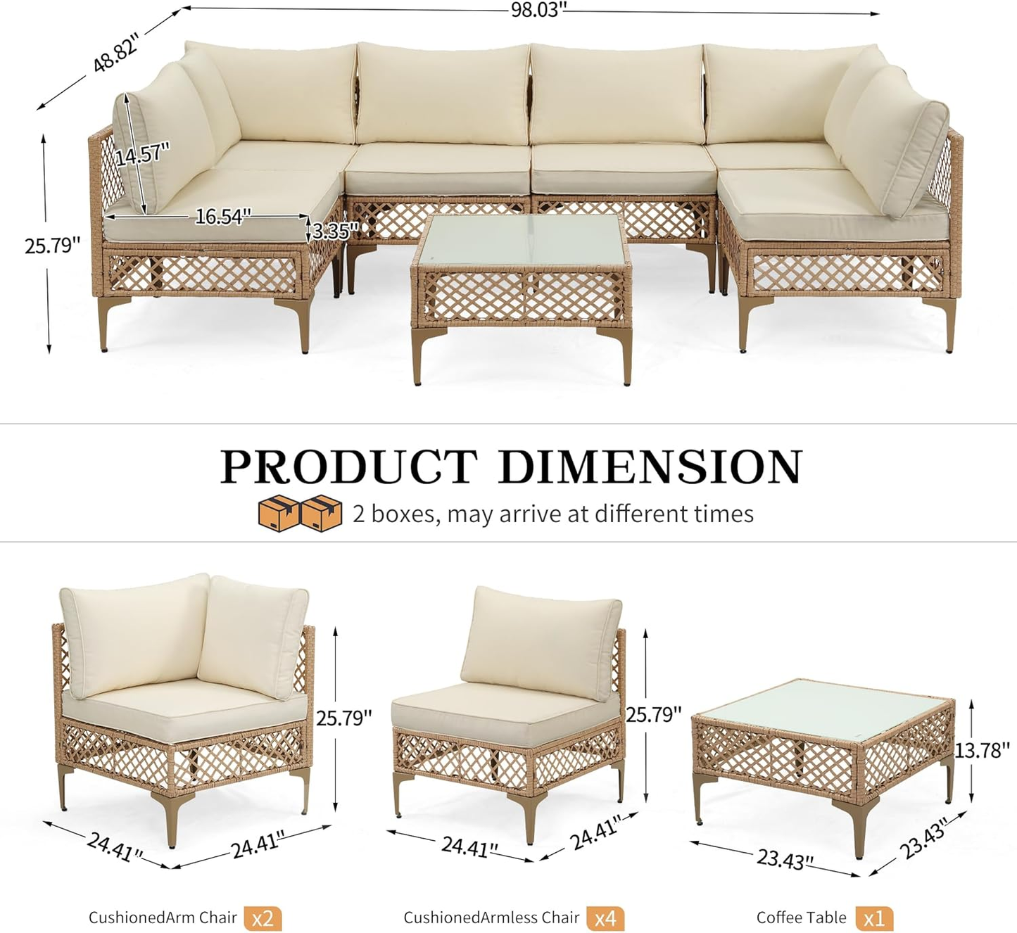 Ainfox 7 Pieces Outdoor Wicker Modular Patio Sectional Set with Thick Cushions & Tempered Glass Table