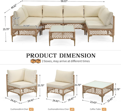 Ainfox 7 Pieces Outdoor Wicker Modular Patio Sectional Set with Thick Cushions & Tempered Glass Table