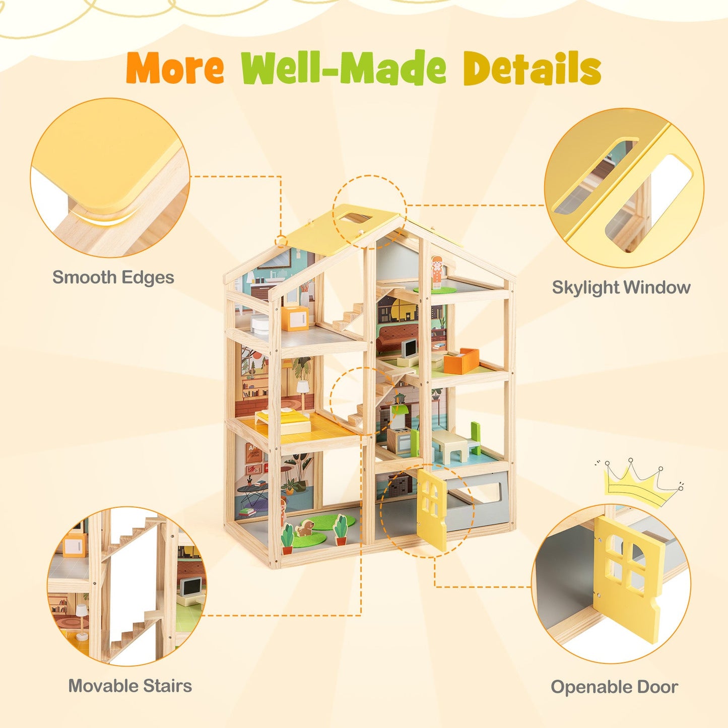 Wooden Dollhouse for Kids Modern Family Pretend Playhouse with Furniture Pieces and Figures-Natural
