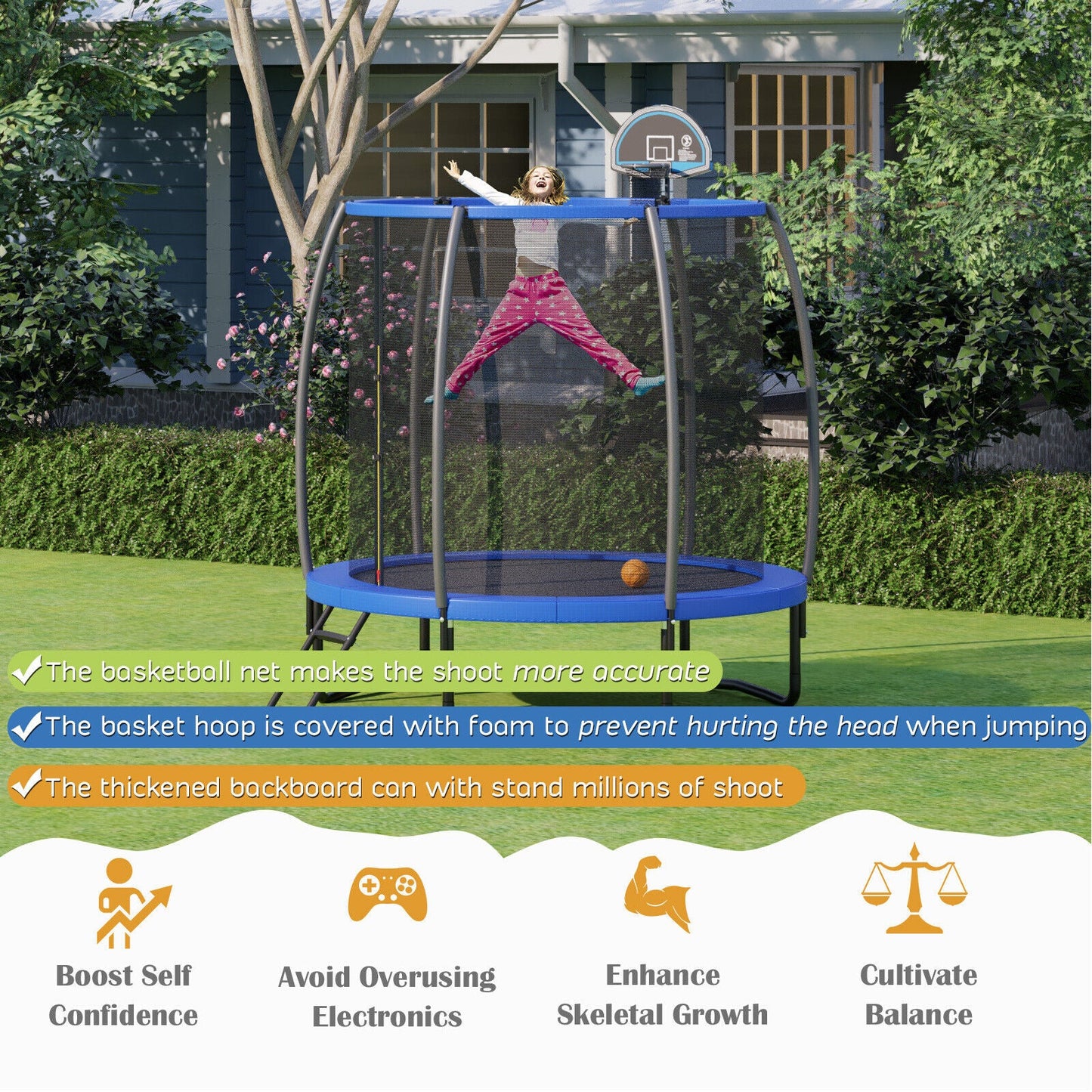 8/10 Feet Recreational Trampoline with Basketball Hoop