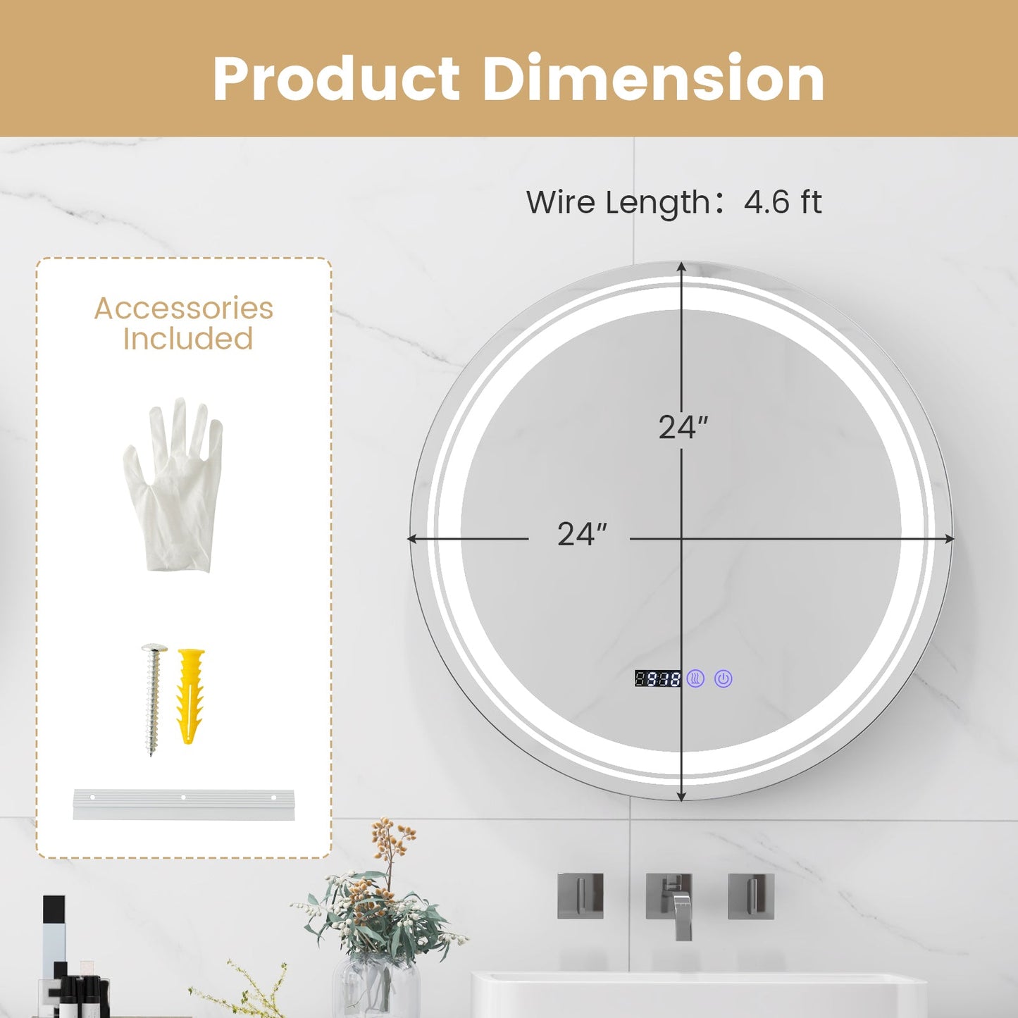 Anti-Fog Round Led Bathroom Mirror with 3 Color LED Lights