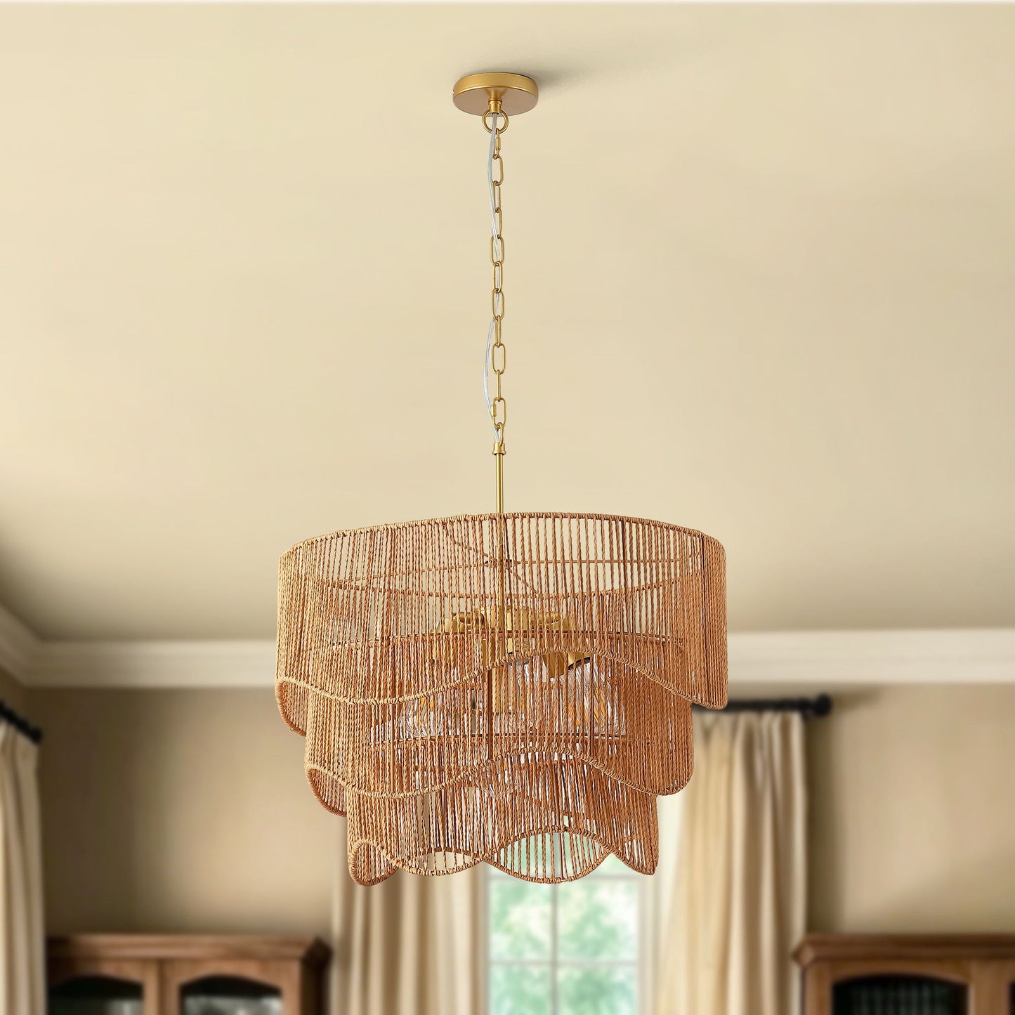 Chandelier With 7 Light E26 Base, Adjustable Height Wave Pendant Light For Living Room - Gold