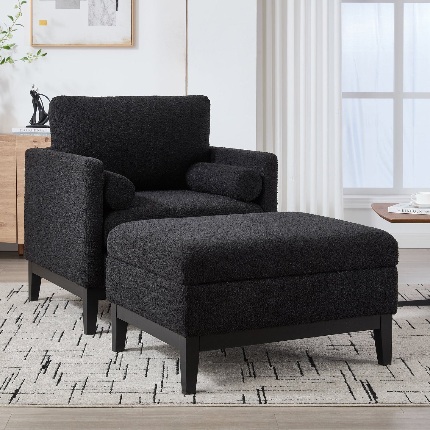 Farmhouse Performance Upholstered Wood Base Square Accent Arm Chair with Ottoman