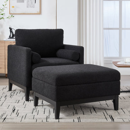 Farmhouse Performance Upholstered Wood Base Square Accent Arm Chair with Ottoman