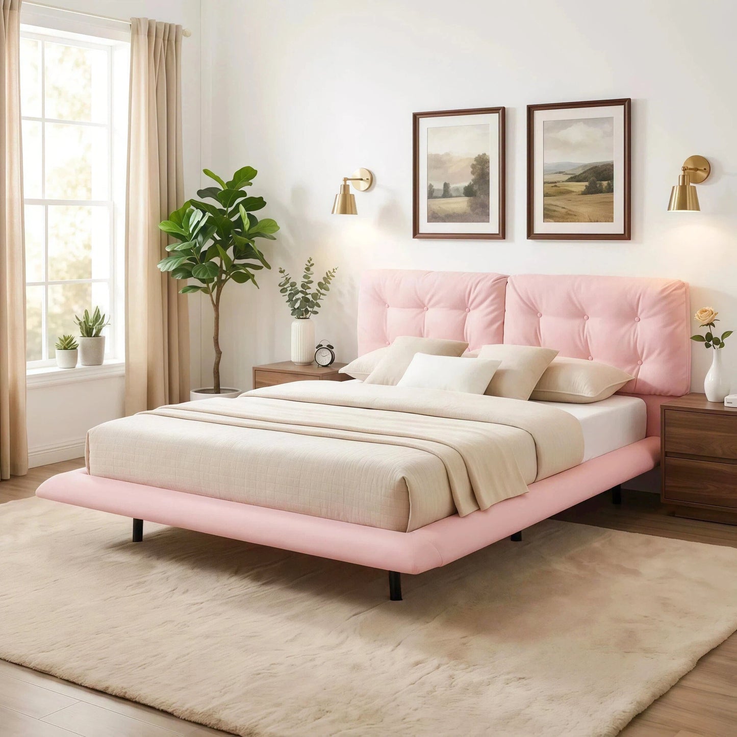 Queen Size Upholstered Floating Bed Frame with LED Lights