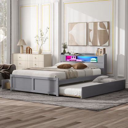 Storage Platform Bed With LED Lights, 2 Drawers And Trundle