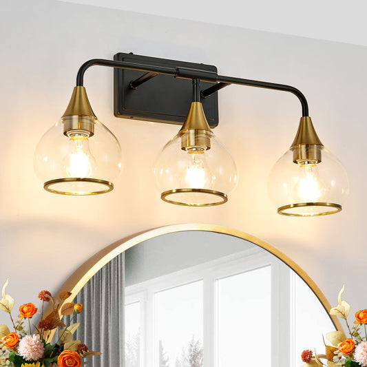 Black & Gold Vanity Wall Sconce | 3/4-Light Industrial Bathroom Fixture with Clear Glass Shades for Mirror & Living Spaces
