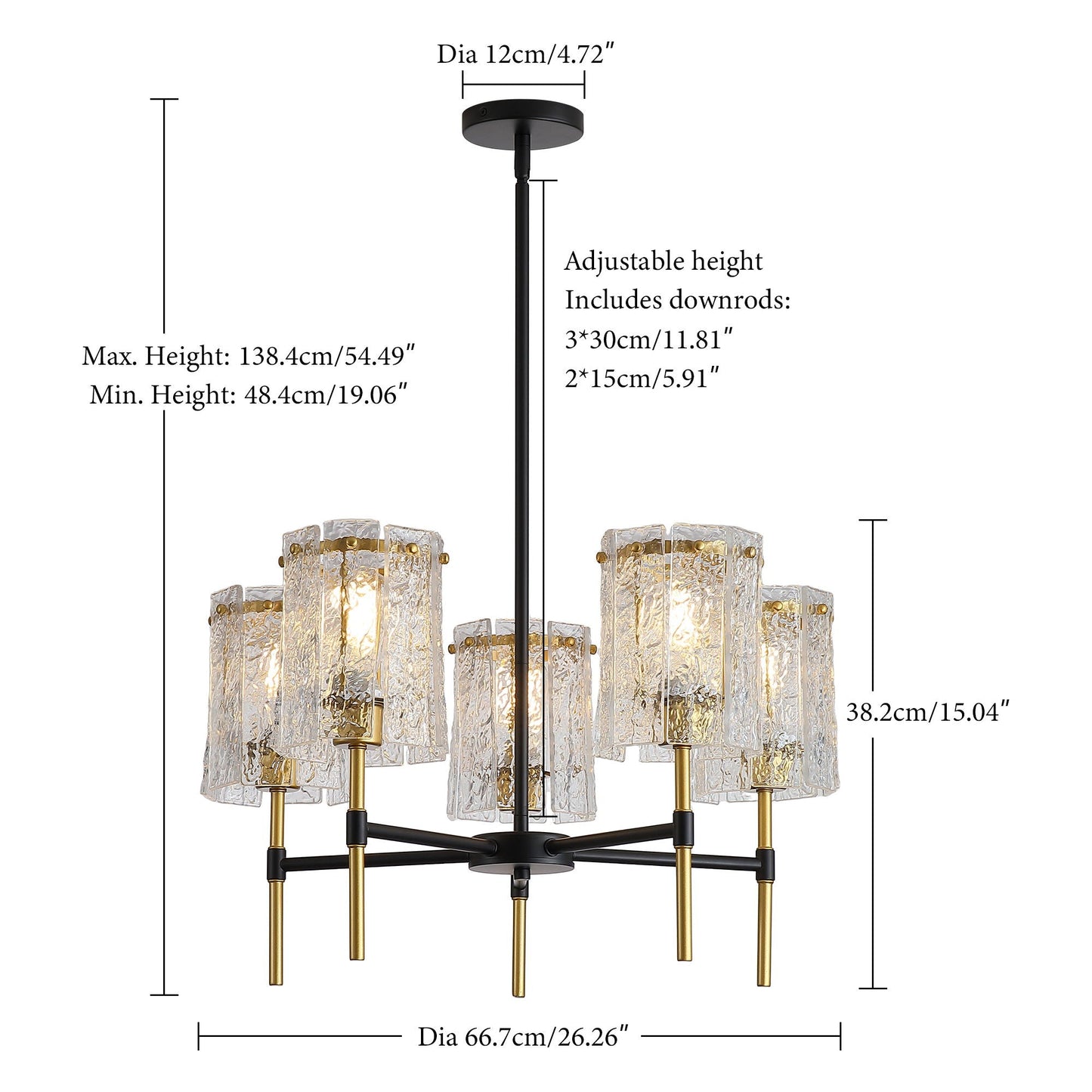 5 Light Chandelier, Textured Glass Pendant Light, (Not Including The Bulb) For Living Room - Black / Gold