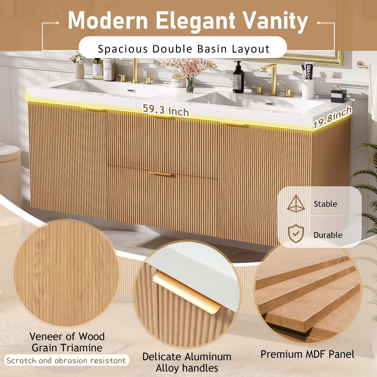 Modern Wall Mounted Bathroom Vanity, Soft Close Doors