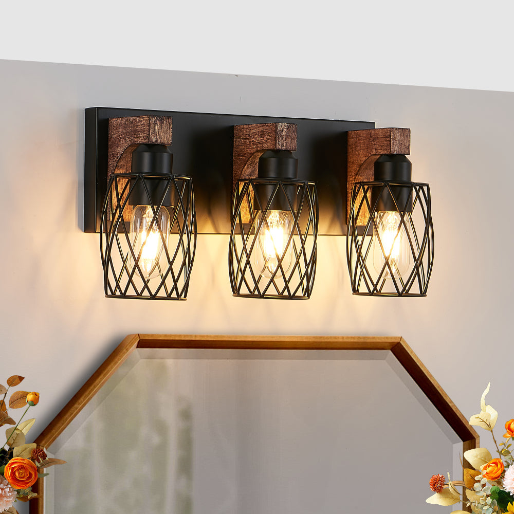 Industrial Black Cage Wall Sconce with Wood Accents | 3/4/5/6/7-Light Vintage Fixture for Bathroom, Hallway & Living Room