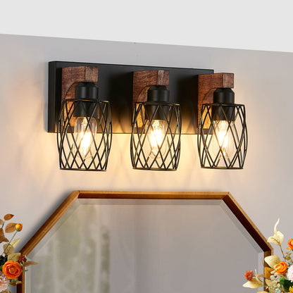 Industrial Black Cage Wall Sconce with Wood Accents | 3/4/5/6/7-Light Vintage Fixture for Bathroom, Hallway & Living Room