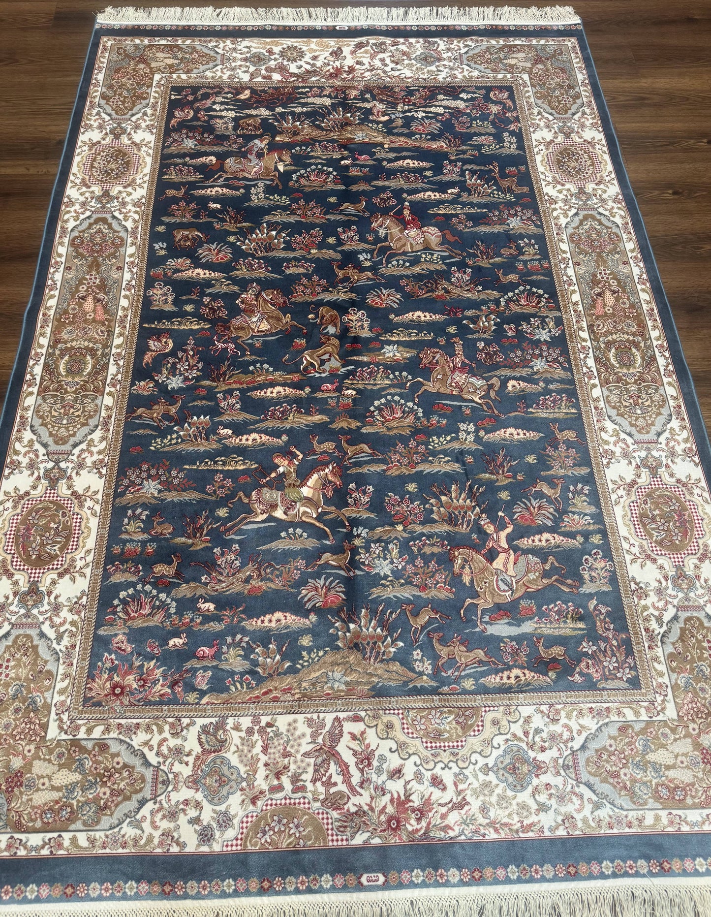Turkish Silk Rug 5x8, Hunting Design, Animal Pictorials, Steel Blue & Ivory, Bamboo Silk
