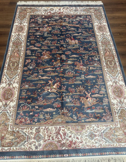 Turkish Silk Rug 5x8, Hunting Design, Animal Pictorials, Steel Blue & Ivory, Bamboo Silk