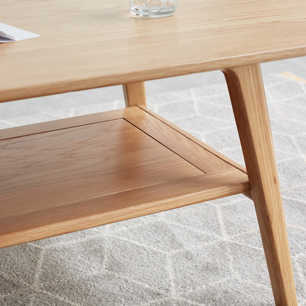 Solid Oak Wood Coffee Table with Storage Shelf | 2-Tier Low Center Table for Living Room