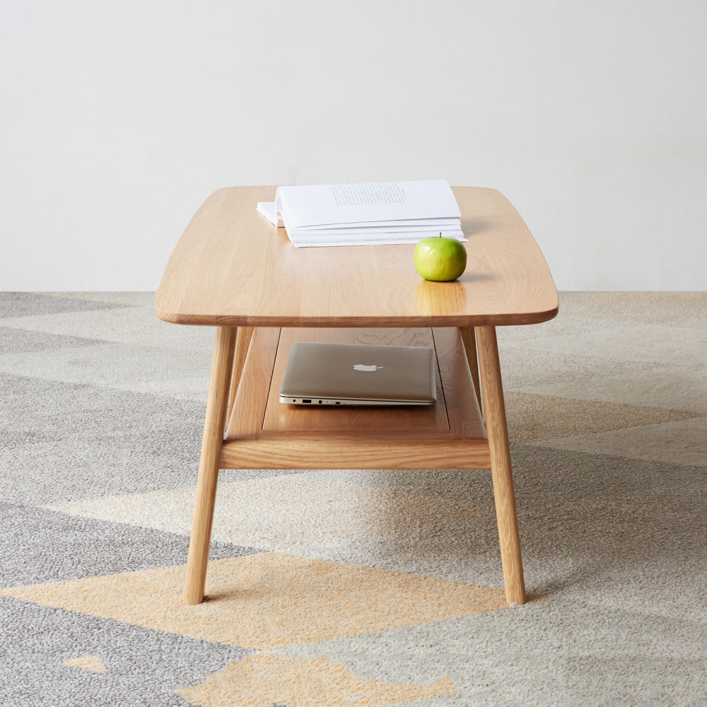 Solid Oak Wood Coffee Table with Storage Shelf | 2-Tier Low Center Table for Living Room