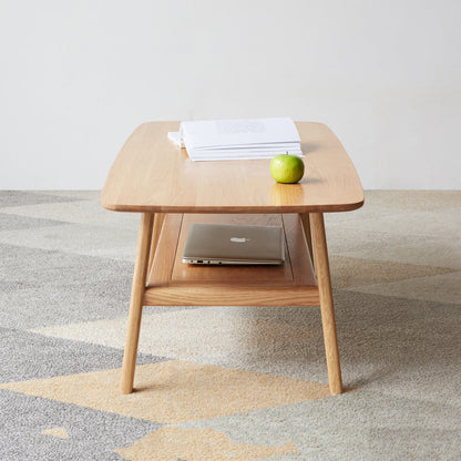 Solid Oak Wood Coffee Table with Storage Shelf | 2-Tier Low Center Table for Living Room