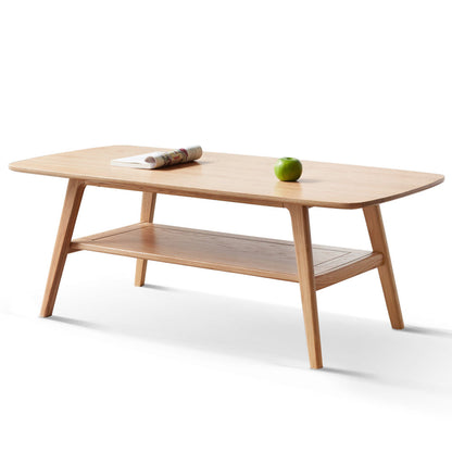Solid Oak Wood Coffee Table with Storage Shelf | 2-Tier Low Center Table for Living Room