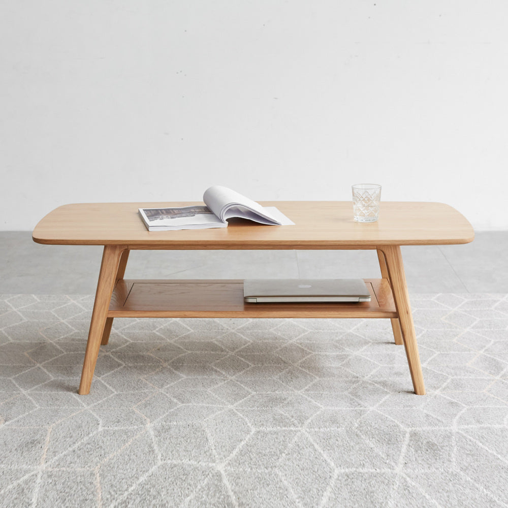 Solid Oak Wood Coffee Table with Storage Shelf | 2-Tier Low Center Table for Living Room