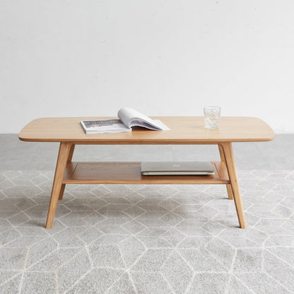 Solid Oak Wood Coffee Table with Storage Shelf | 2-Tier Low Center Table for Living Room
