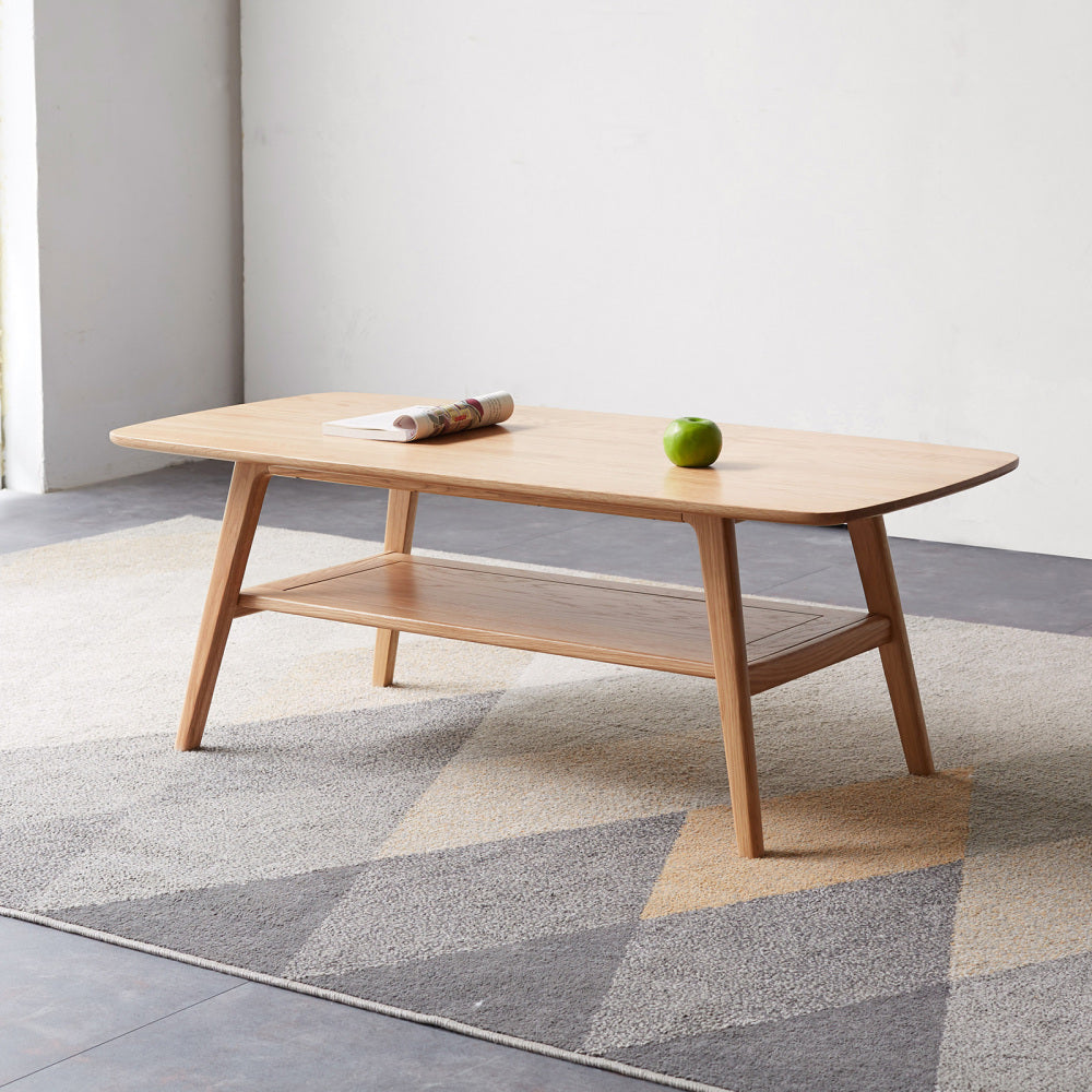 Solid Oak Wood Coffee Table with Storage Shelf | 2-Tier Low Center Table for Living Room