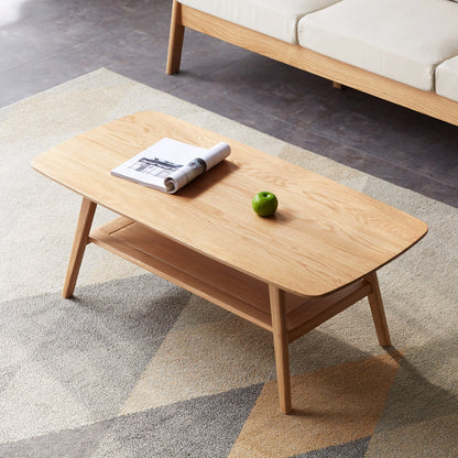 Solid Oak Wood Coffee Table with Storage Shelf | 2-Tier Low Center Table for Living Room