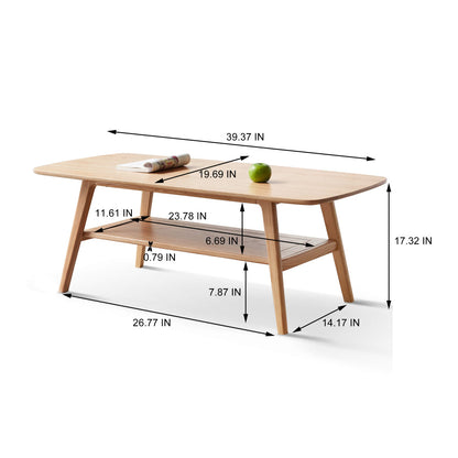 Solid Oak Wood Coffee Table with Storage Shelf | 2-Tier Low Center Table for Living Room