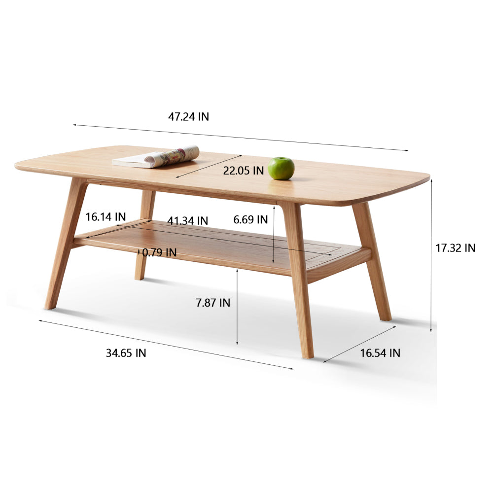 Solid Oak Wood Coffee Table with Storage Shelf | 2-Tier Low Center Table for Living Room