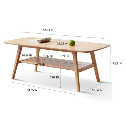 Solid Oak Wood Coffee Table with Storage Shelf | 2-Tier Low Center Table for Living Room