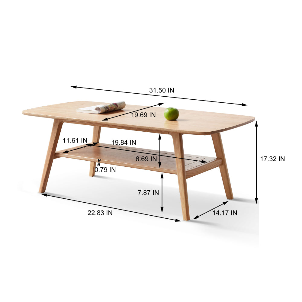 Solid Oak Wood Coffee Table with Storage Shelf | 2-Tier Low Center Table for Living Room