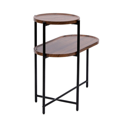 2-Tier Oval Coffee Table with Wood Storage Shelves | Modern Metal Frame Side Table, Walnut Brown