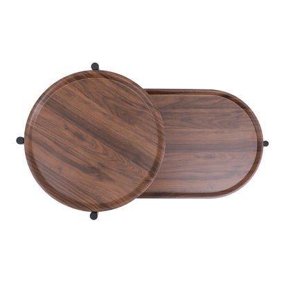 2-Tier Oval Coffee Table with Wood Storage Shelves | Modern Metal Frame Side Table, Walnut Brown