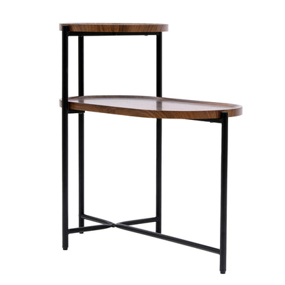 2-Tier Oval Coffee Table with Wood Storage Shelves | Modern Metal Frame Side Table, Walnut Brown