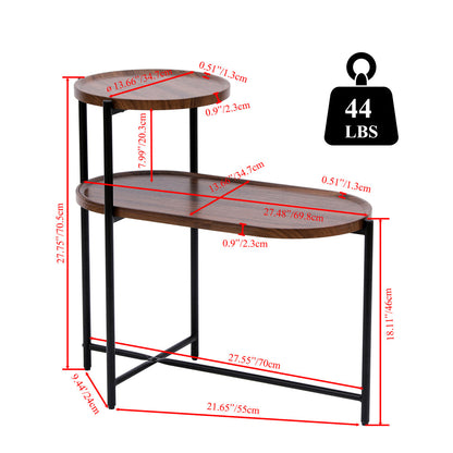 2-Tier Oval Coffee Table with Wood Storage Shelves | Modern Metal Frame Side Table, Walnut Brown