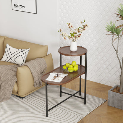 2-Tier Oval Coffee Table with Wood Storage Shelves | Modern Metal Frame Side Table, Walnut Brown