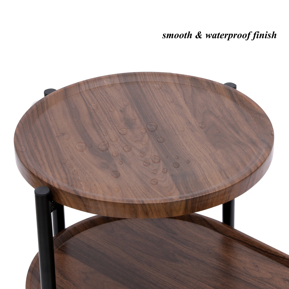 2-Tier Oval Coffee Table with Wood Storage Shelves | Modern Metal Frame Side Table, Walnut Brown