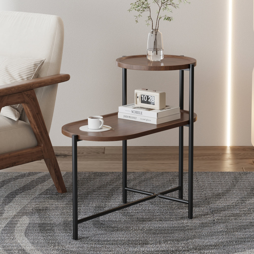 2-Tier Oval Coffee Table with Wood Storage Shelves | Modern Metal Frame Side Table, Walnut Brown