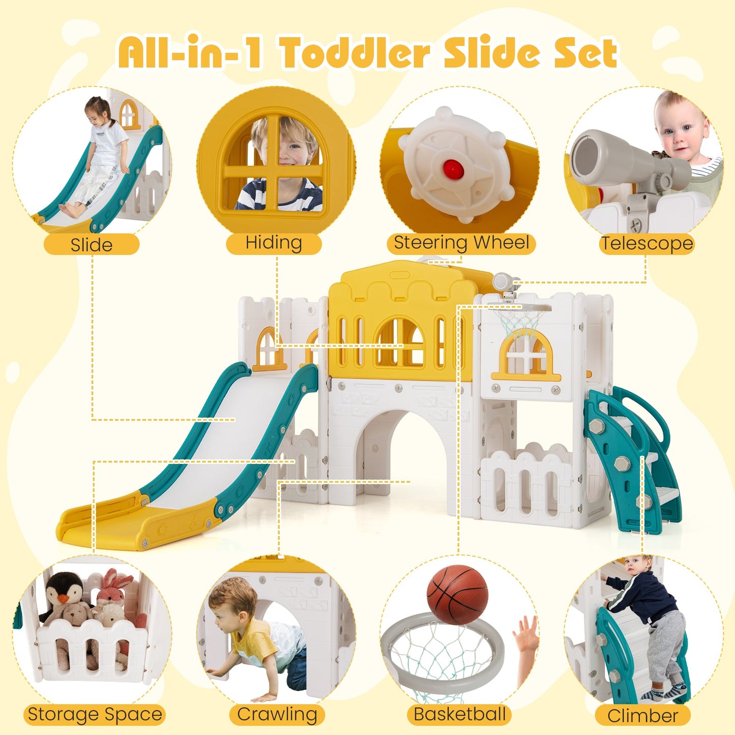 All-in-1 Toddler Slide Playset Playground with Tunnel and Ladder and Basketball