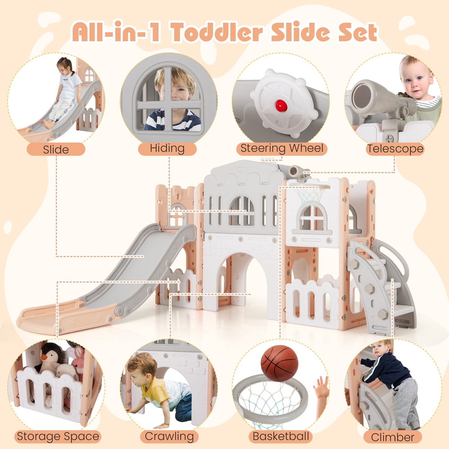 All-in-1 Toddler Slide Playset Playground with Tunnel and Ladder and Basketball