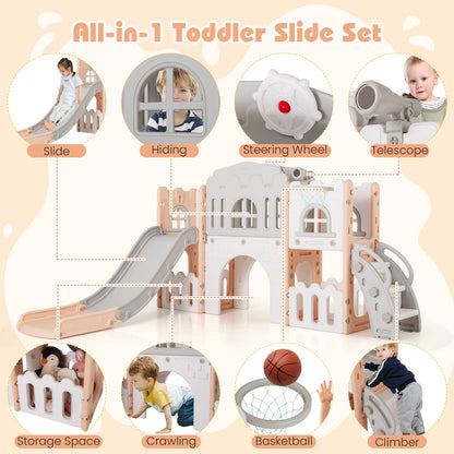 All-in-1 Toddler Slide Playset Playground with Tunnel and Ladder and Basketball